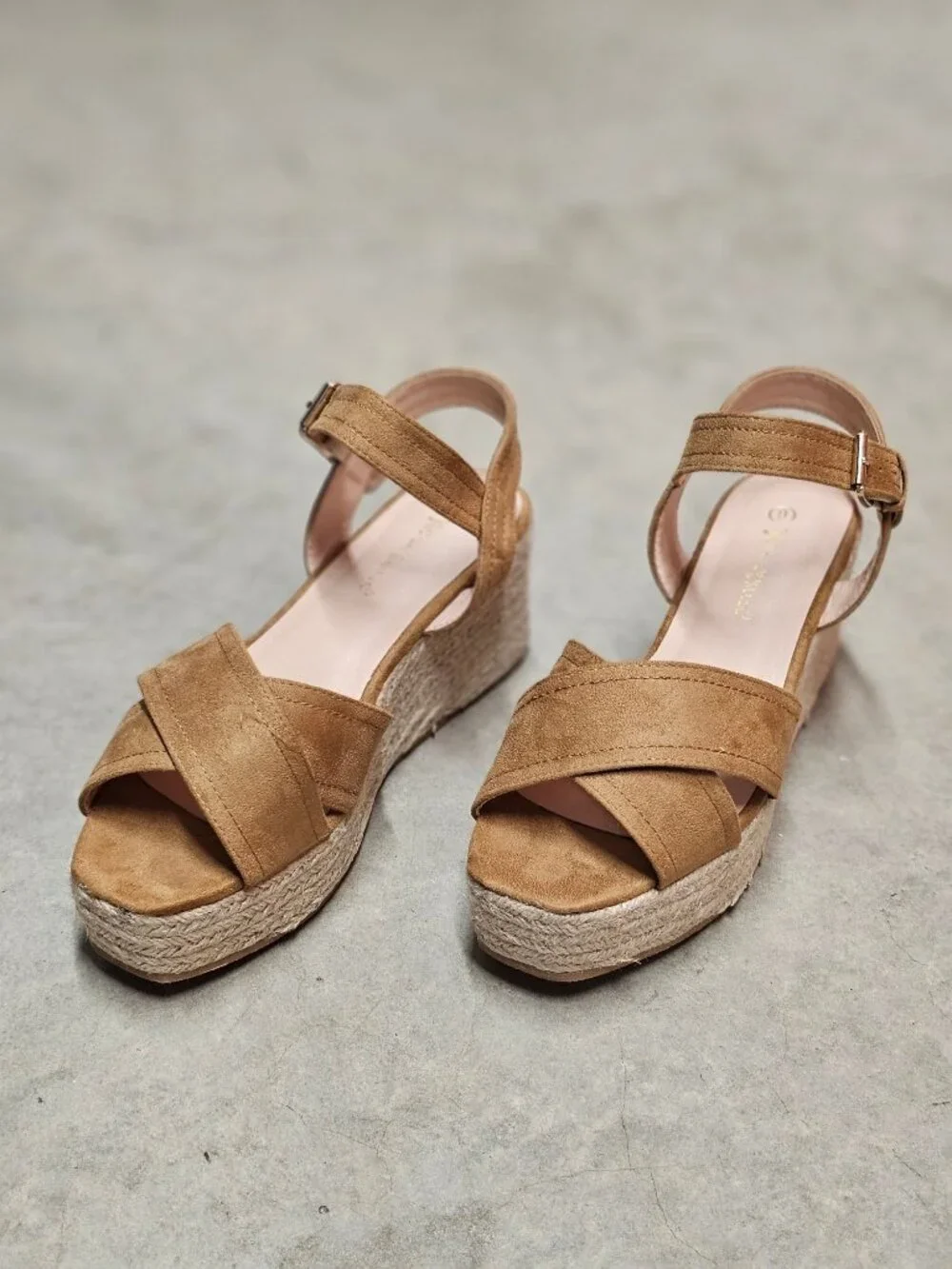 Camel Suede Espadrille Wedge Sandals With Ankle Strap & Buckle Closure For Women